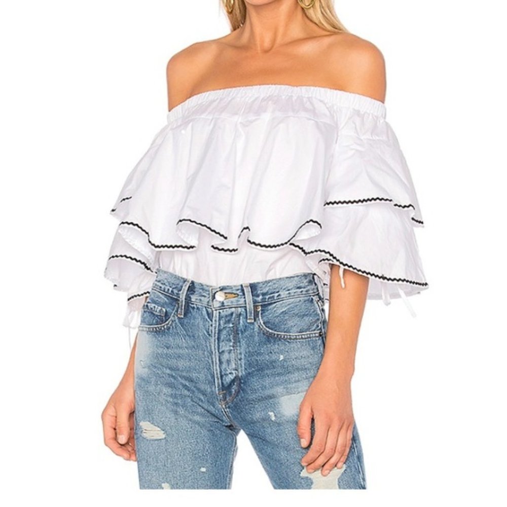 ENDLESS ROSE RUFFLE TRIM OFF SHOULDER TOP IN WHITE